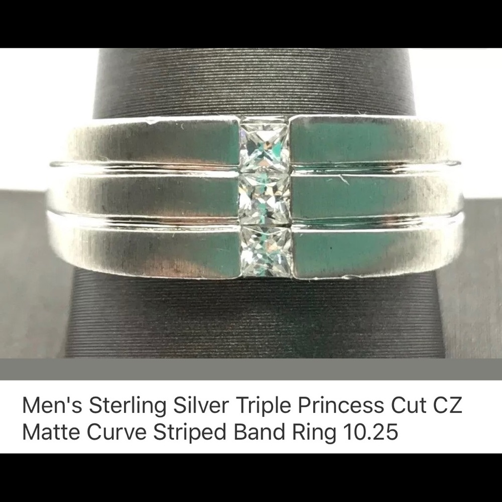 Men’s sterling silver princess triple CZ band new